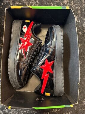 Bape Black Patent Sneakers with Red Star Lightning Accent